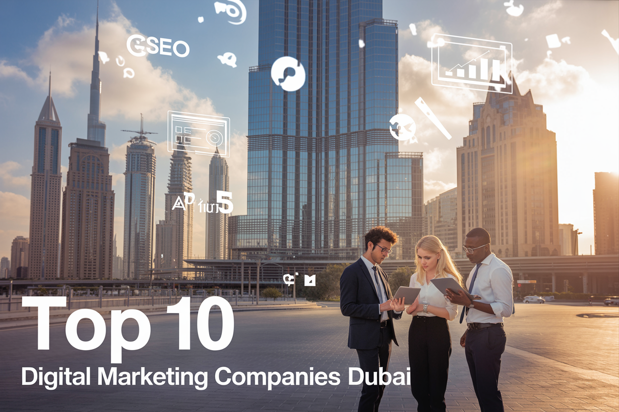 Create a realistic image of a modern Dubai cityscape with iconic skyscrapers including Burj Khalifa in the background, featuring a sleek glass office building in the foreground with digital marketing elements like floating holographic icons of SEO, social media symbols, analytics charts, and website wireframes, complemented by a diverse group of three business professionals - one Middle Eastern male, one white female, and one black male - in business attire looking at tablets and laptops, set during golden hour lighting with warm sunset tones, and overlay text reading "Top 10 Digital Marketing Companies Dubai" in modern sans-serif font.